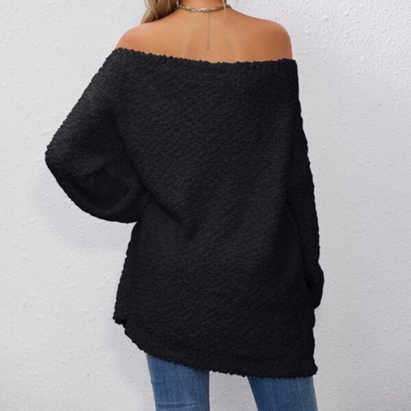 Comfy Off Shoulder Popcorn Knit Sweater BLACK - Picture 3 of 6